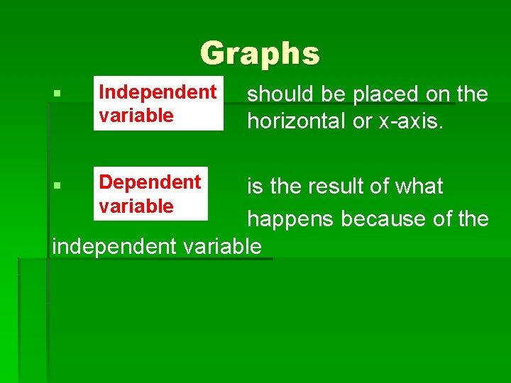 Graphs § Independent variable § Dependent variable should be placed on the horizontal or
