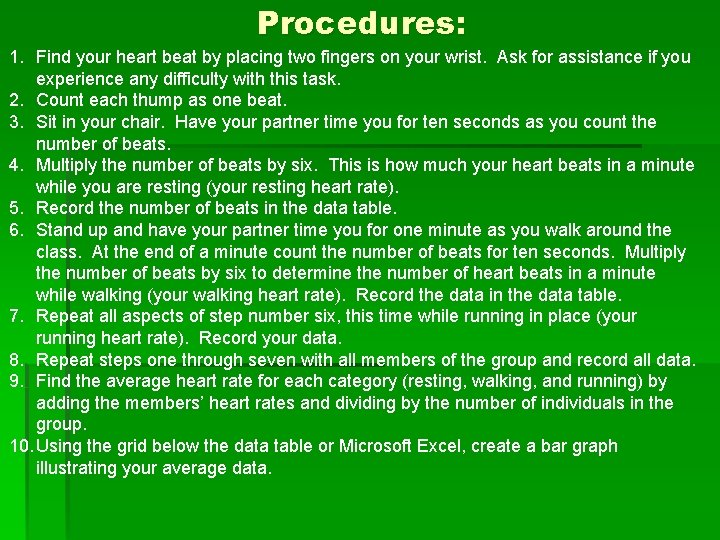 Procedures: 1. Find your heart beat by placing two fingers on your wrist. Ask