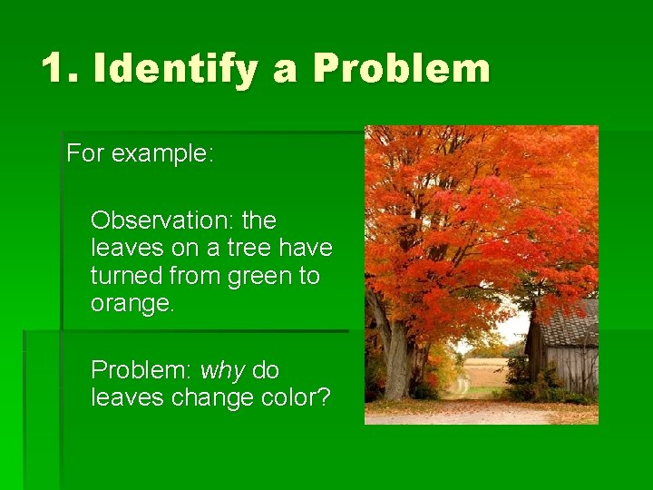 1. Identify a Problem For example: Observation: the leaves on a tree have turned