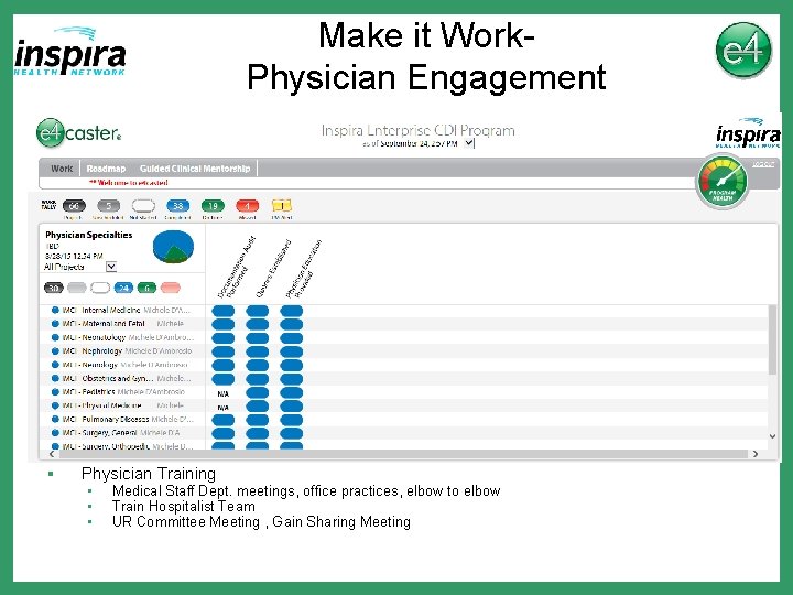 Make it Work. Physician Engagement § Physician Training • • • Medical Staff Dept.