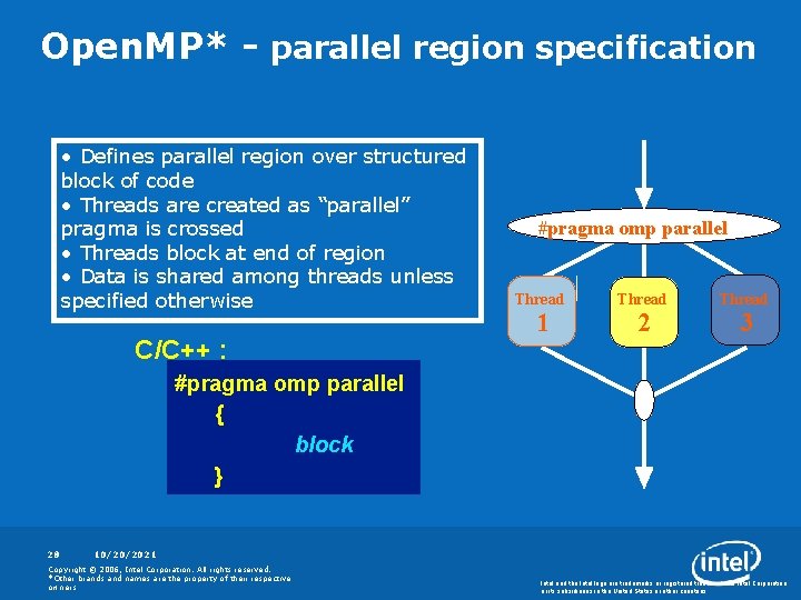 Open. MP* - parallel region specification • Defines parallel region over structured block of