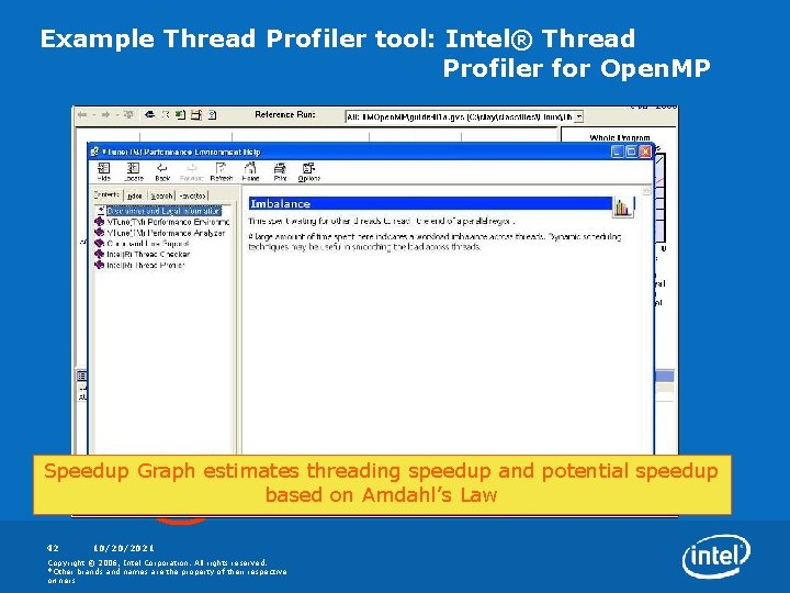 Example Thread Profiler tool: Intel® Thread Profiler for Open. MP Speedup Graph estimates threading