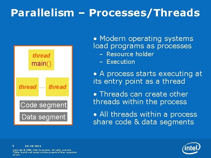 Parallelism – Processes/Threads • Modern operating systems load programs as processes thread main() thread