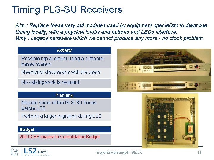 Timing PLS-SU Receivers Aim : Replace these very old modules used by equipment specialists