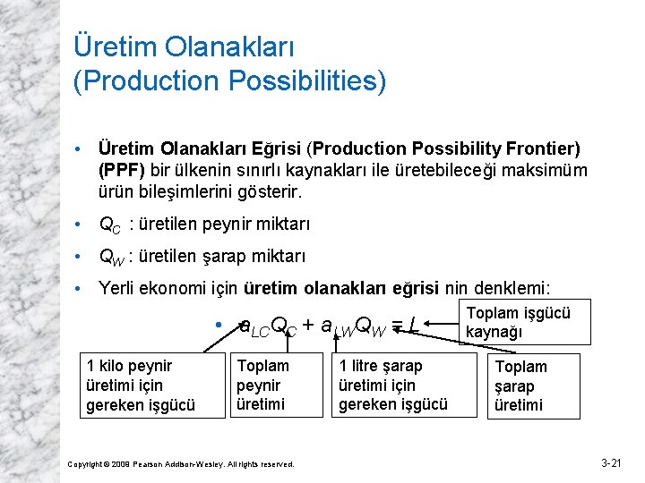 Üretim Olanakları (Production Possibilities) • Üretim Olanakları Eğrisi (Production Possibility Frontier) (PPF) bir ülkenin