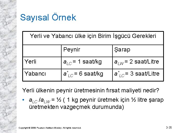 Sayısal Örnek Yerli ve Yabancı ülke için Birim İşgücü Gerekleri Peynir Şarap Yerli a.