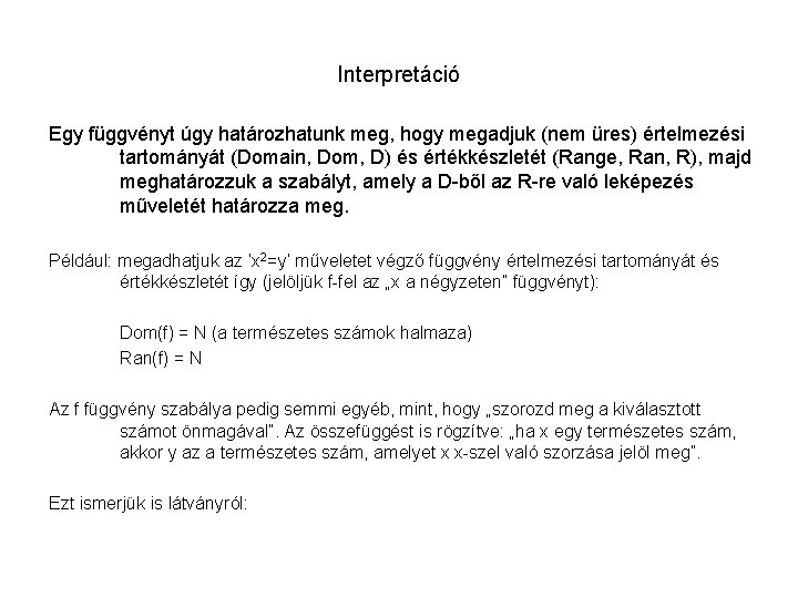 Interpretáció Egy függvényt úgy határozhatunk meg, hogy megadjuk (nem üres) értelmezési tartományát (Domain, Dom,