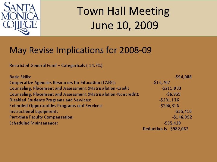 Town Hall Meeting June 10, 2009 May Revise Implications for 2008 -09 Restricted General