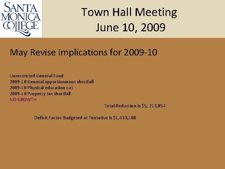 Town Hall Meeting June 10, 2009 May Revise Implications for 2009 -10 Unrestricted General