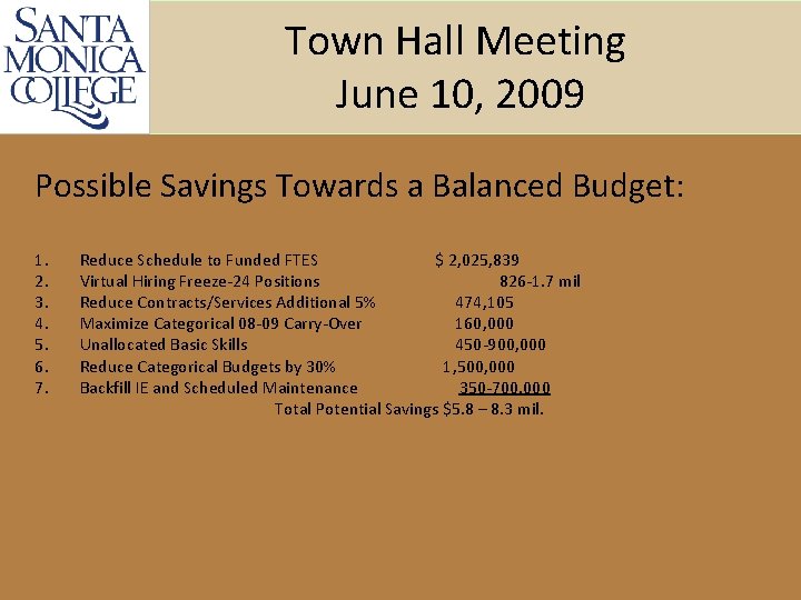 Town Hall Meeting June 10, 2009 Possible Savings Towards a Balanced Budget: 1. 2.