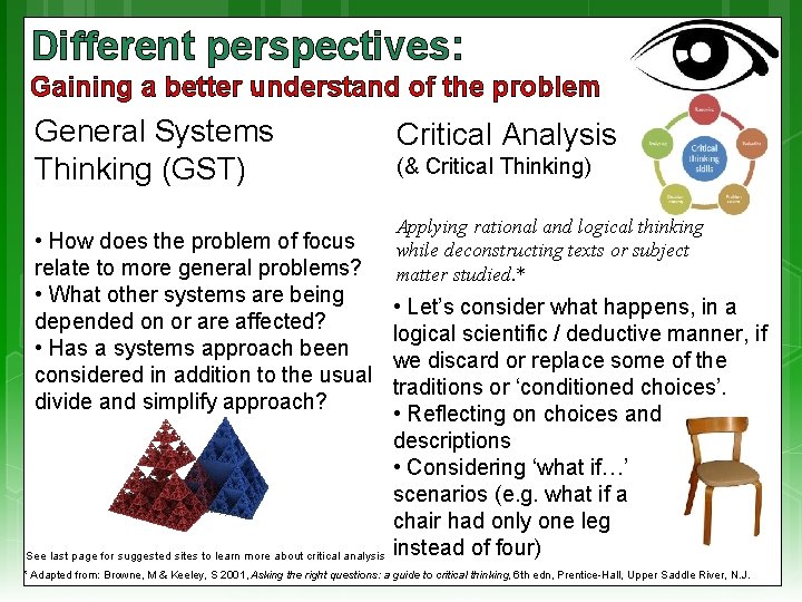 Different perspectives: Gaining a better understand of the problem General Systems Thinking (GST) •