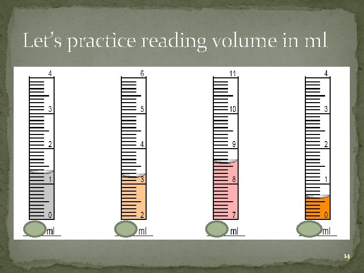 Let’s practice reading volume in ml 14 