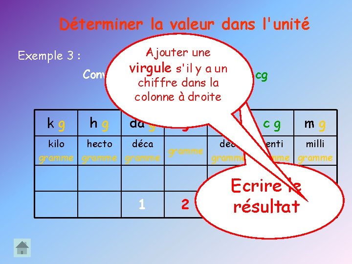 Déterminer la valeur dans l'unité désirée. Exemple 3 : kg Ajouter une virgule s'il