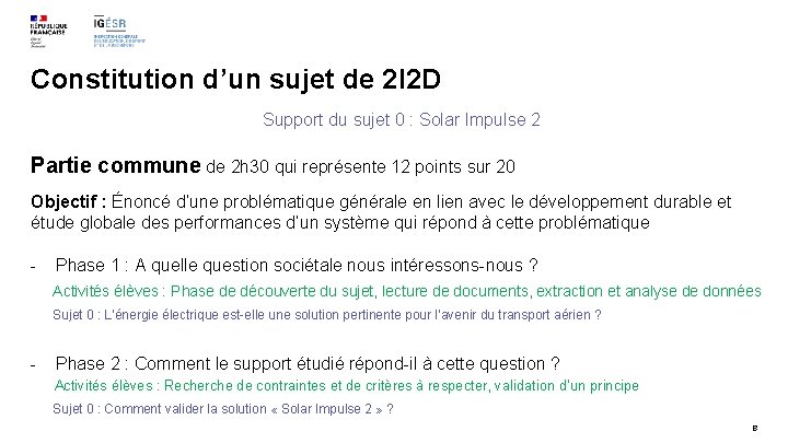 Constitution d’un sujet de 2 I 2 D Support du sujet 0 : Solar