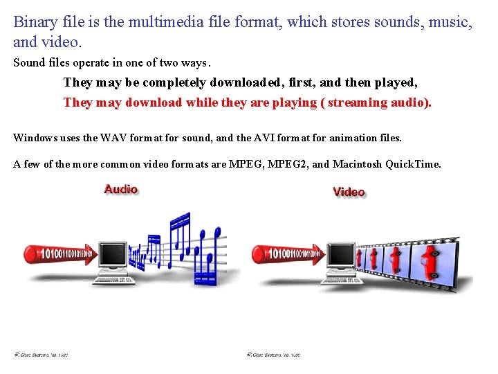 Binary file is the multimedia file format, which stores sounds, music, and video. Sound