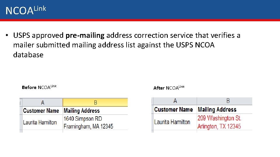 NCOALink • USPS approved pre-mailing address correction service that verifies a mailer submitted mailing NCOALink • USPS approved pre-mailing address correction service that verifies a mailer submitted mailing