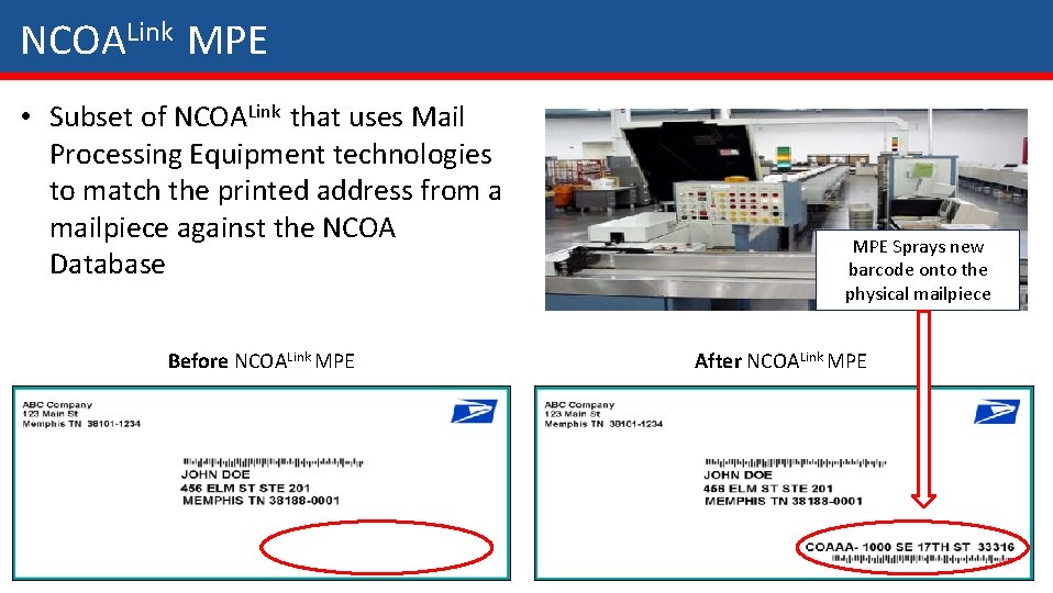 NCOALink MPE • Subset of NCOALink that uses Mail Processing Equipment technologies to match NCOALink MPE • Subset of NCOALink that uses Mail Processing Equipment technologies to match