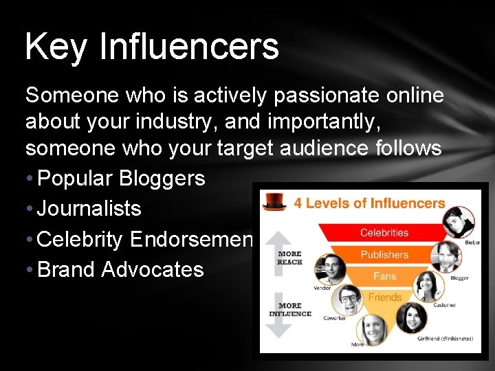 Key Influencers Someone who is actively passionate online about your industry, and importantly, someone