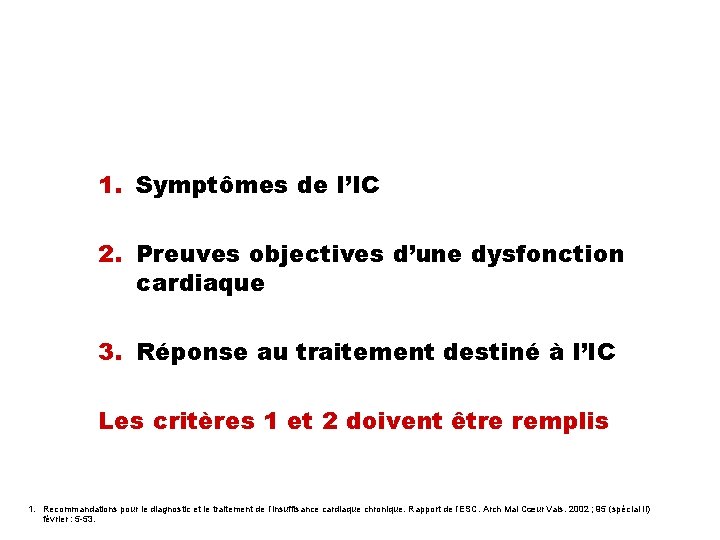 Définition de l’IC chronique (1) 1. Symptômes de l’IC 2. Preuves objectives d’une dysfonction