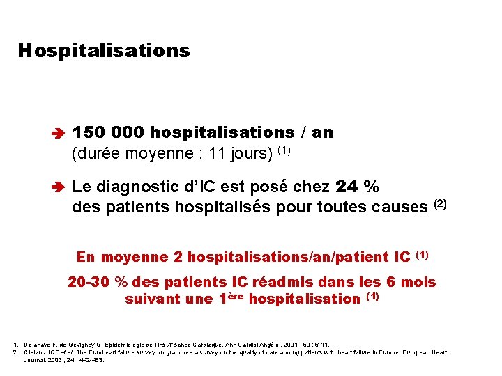 INSUFFISANCE CARDIAQUE Hospitalisations 150 000 hospitalisations / an (durée moyenne : 11 jours) (1)