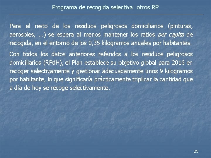 Programa de recogida selectiva: otros RP Para el resto de los residuos peligrosos domiciliarios