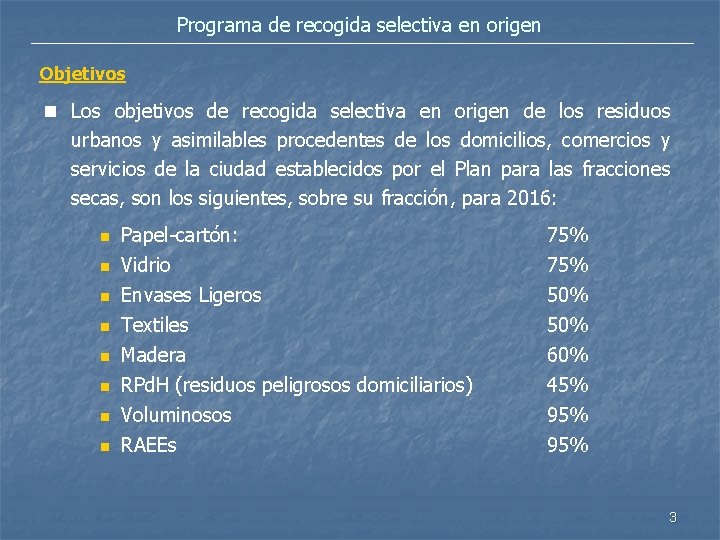 Programa de recogida selectiva en origen Objetivos n Los objetivos de recogida selectiva en