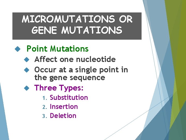 MICROMUTATIONS OR GENE MUTATIONS Point Mutations Affect one nucleotide Occur at a single point