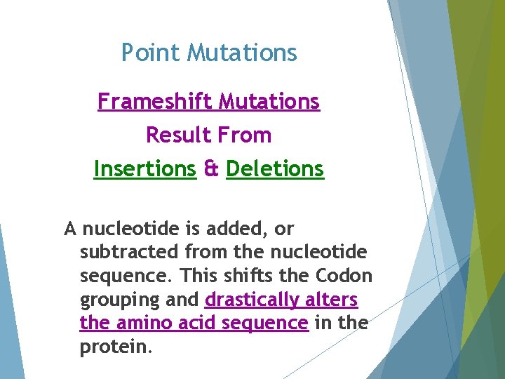 Point Mutations Frameshift Mutations Result From Insertions & Deletions A nucleotide is added, or