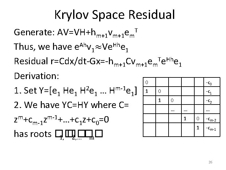 Krylov Space Residual Generate: AV=VH+hm+1 vm+1 em. T Thus, we have e. Ahv 1≈Ve.