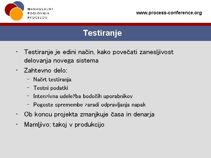 www. process-conference. org Testiranje • Testiranje je edini način, kako povečati zanesljivost delovanja novega