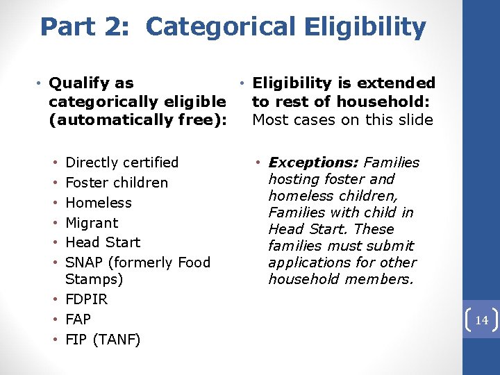 Part 2: Categorical Eligibility • Qualify as • Eligibility is extended to rest of