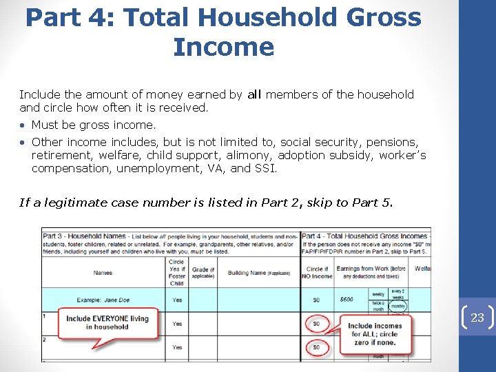 Part 4: Total Household Gross Income Include the amount of money earned by all