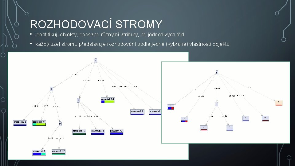 ROZHODOVACÍ STROMY • • identifikují objekty, popsané různými atributy, do jednotlivých tříd každý uzel