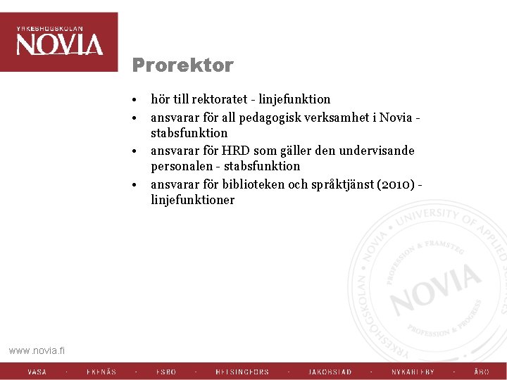 Prorektor • • www. novia. fi hör till rektoratet - linjefunktion ansvarar för all