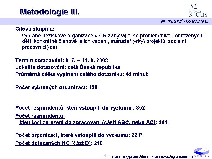 Metodologie III. NEZISKOVÉ ORGANIZACE Cílová skupina: vybrané neziskové organizace v ČR zabývající se problematikou