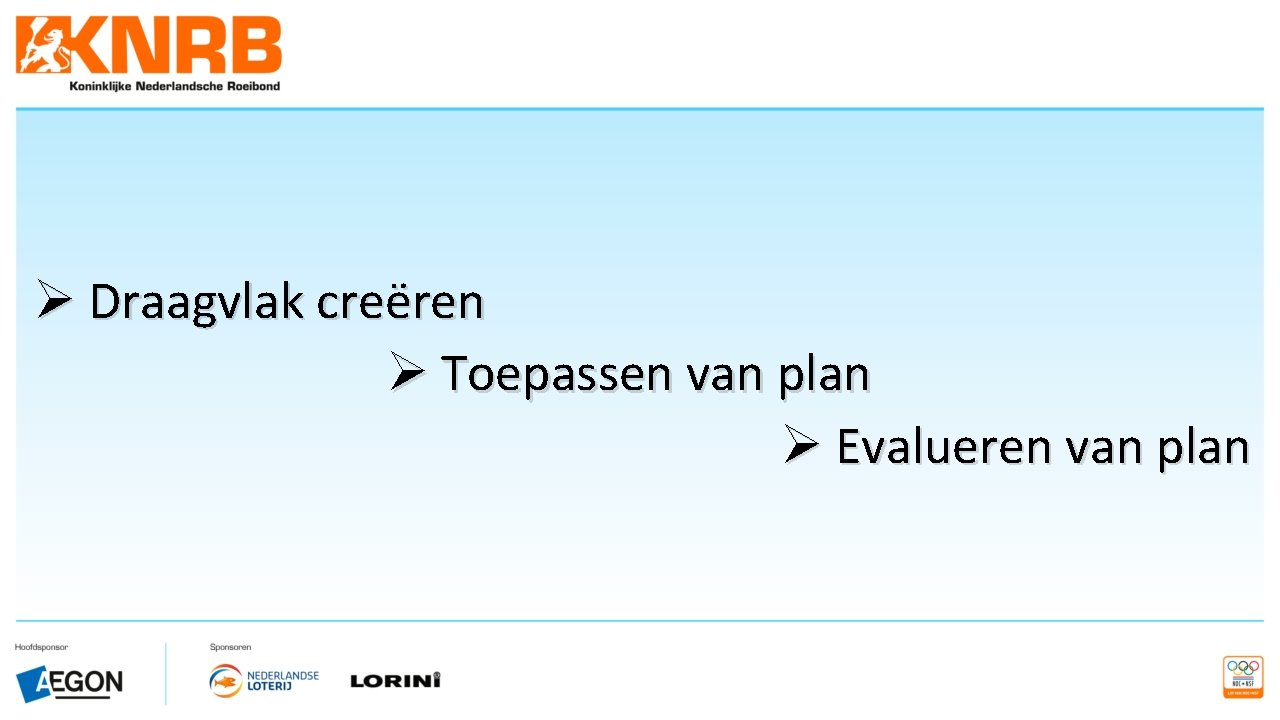 Ø Draagvlak creëren Ø Toepassen van plan Ø Evalueren van plan 