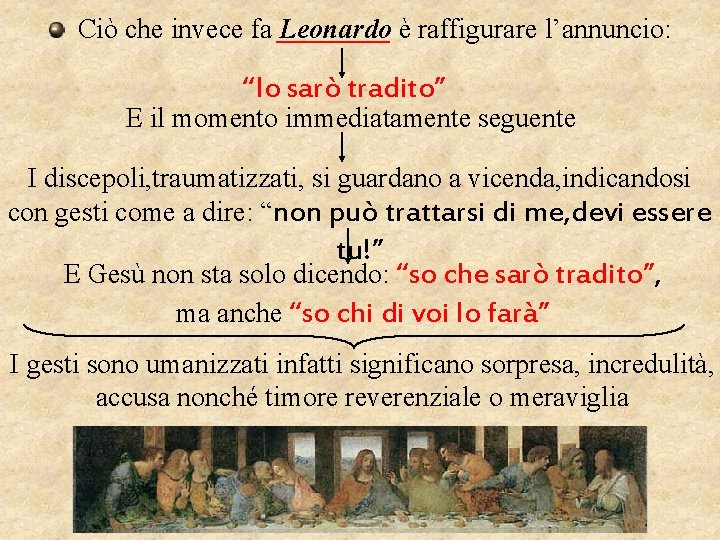 Ciò che invece fa Leonardo è raffigurare l’annuncio: “Io sarò tradito” E il momento