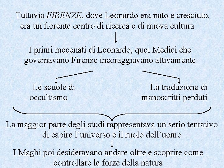 Tuttavia FIRENZE, dove Leonardo era nato e cresciuto, era un fiorente centro di ricerca