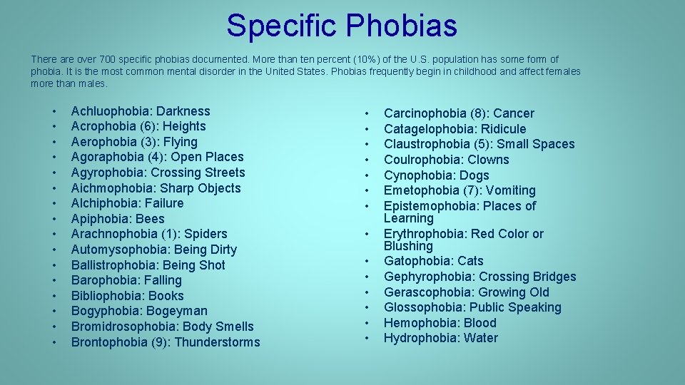 Specific Phobias There are over 700 specific phobias documented. More than ten percent (10%)