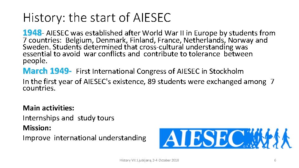 History: the start of AIESEC 1948 - AIESEC was established after World War II