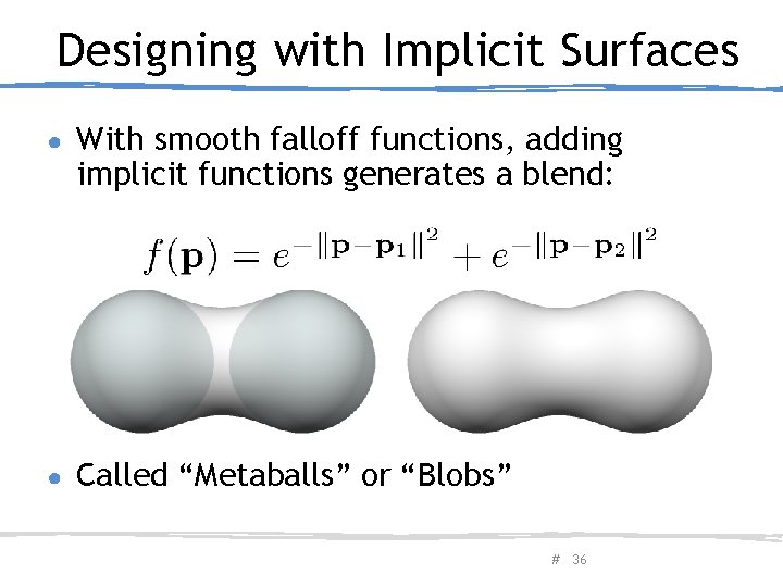 Designing with Implicit Surfaces ● With smooth falloff functions, adding implicit functions generates a
