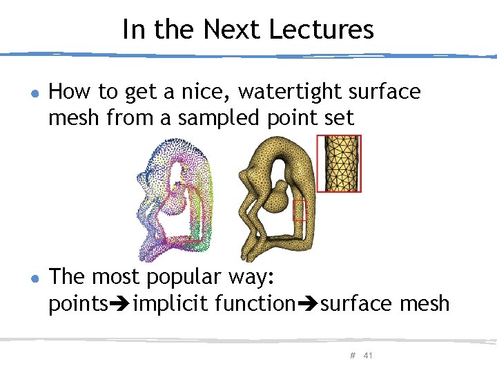 In the Next Lectures ● How to get a nice, watertight surface mesh from