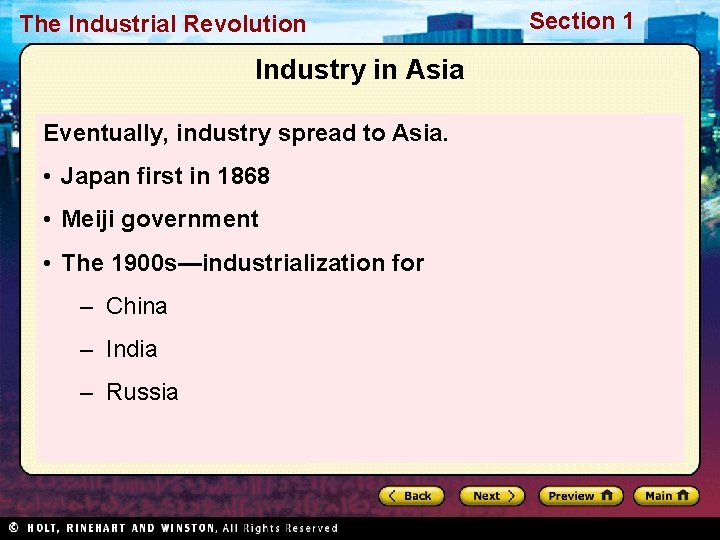 The Industrial Revolution Industry in Asia Eventually, industry spread to Asia. • Japan first The Industrial Revolution Industry in Asia Eventually, industry spread to Asia. • Japan first
