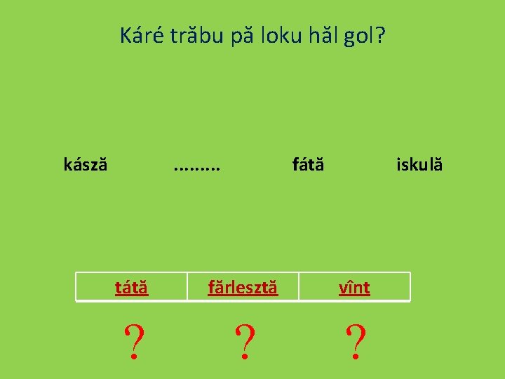 Káré trăbu pă loku hăl gol? kásză . . fátă iskulă tátă fărlesztă vînt