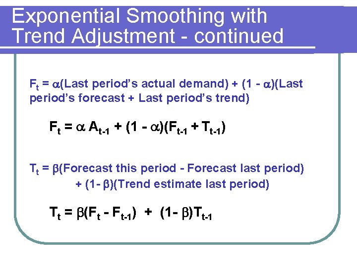 Exponential Smoothing with Trend Adjustment - continued Ft = (Last period’s actual demand) +