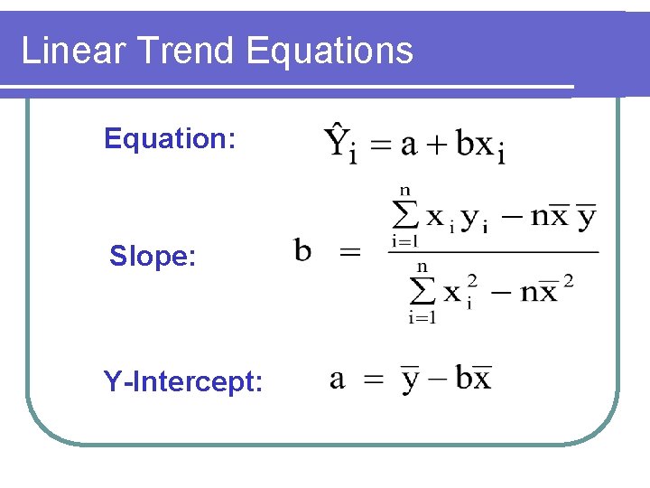 Linear Trend Equations Equation: Slope: Y-Intercept: 