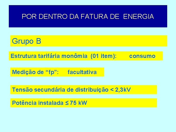 POR DENTRO DA FATURA DE ENERGIA Grupo B Estrutura tarifária monômia (01 item): Medição