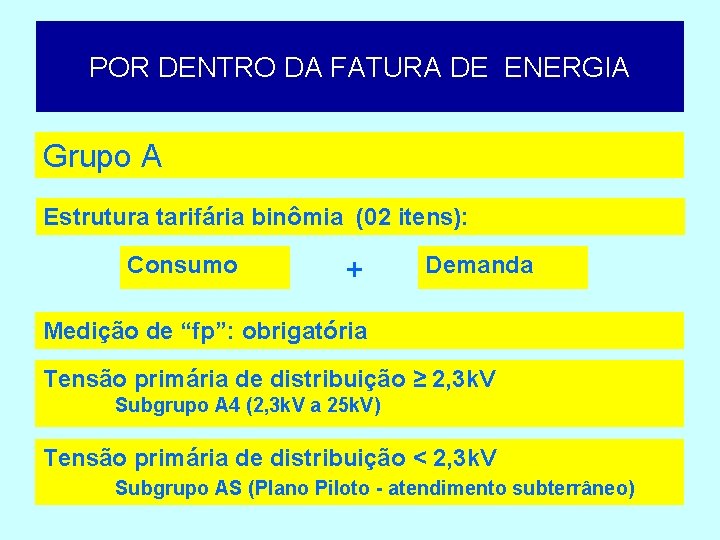 POR DENTRO DA FATURA DE ENERGIA Grupo A Estrutura tarifária binômia (02 itens): Consumo