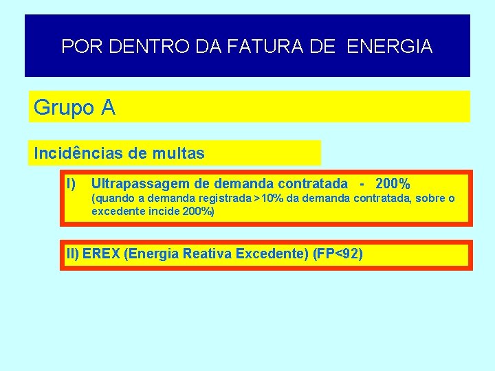 POR DENTRO DA FATURA DE ENERGIA Grupo A Incidências de multas I) Ultrapassagem de