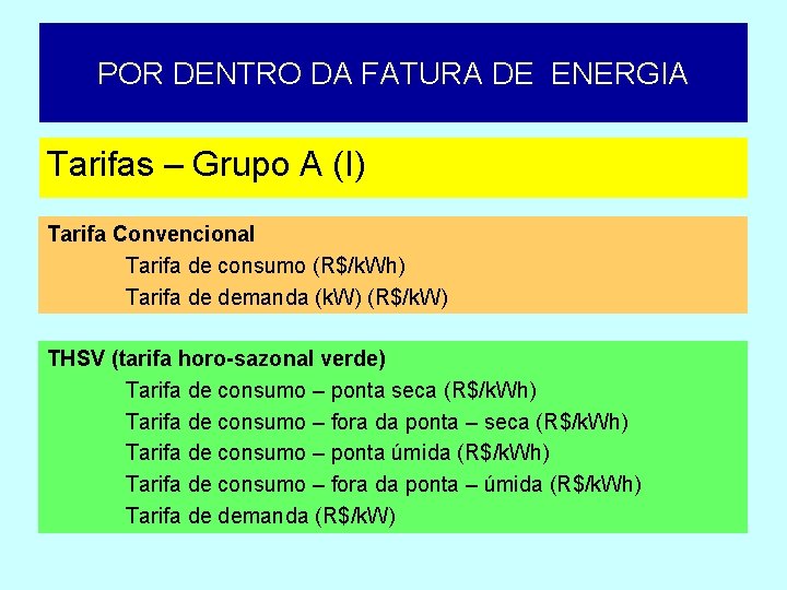 POR DENTRO DA FATURA DE ENERGIA Tarifas – Grupo A (I) Tarifa Convencional Tarifa